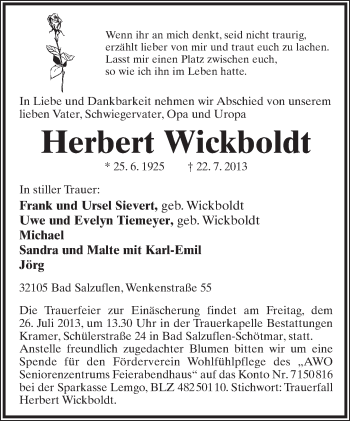 Anzeige  Herbert Wickboldt  Lippische Landes-Zeitung