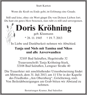 Anzeige  Doris Kröhning  Lippische Landes-Zeitung