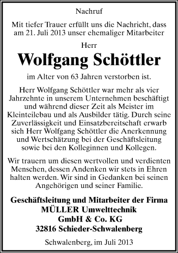 Anzeige  Wolfgang Schöttler  Lippische Landes-Zeitung