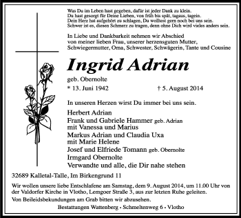 Anzeige  Ingrid Adrian  Lippische Landes-Zeitung
