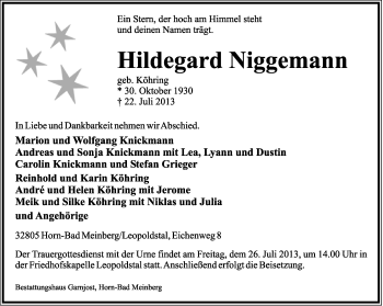 Anzeige  Hildegard Niggemann  Lippische Landes-Zeitung