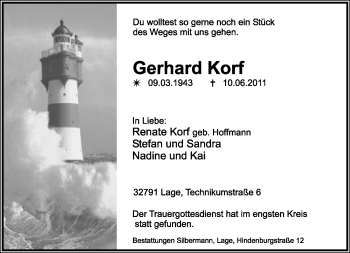 Anzeige  Gerhard Korf  Lippische Landes-Zeitung