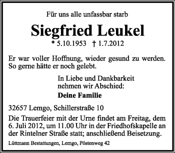 Anzeige  Siegfried Leukel  Lippische Landes-Zeitung