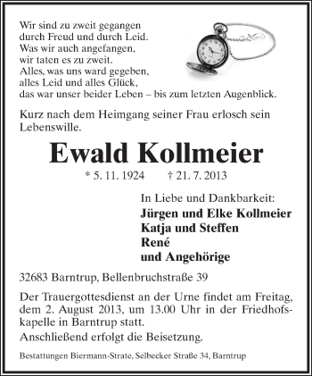 Anzeige  Ewald Kollmeier  Lippische Landes-Zeitung