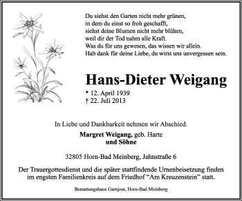 Anzeige  Hans-Dieter Weigang  Lippische Landes-Zeitung