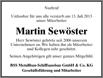 Anzeige  Martin Sewöster  Lippische Landes-Zeitung