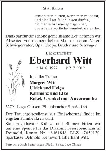 Anzeige  Eberhard Witt  Lippische Landes-Zeitung