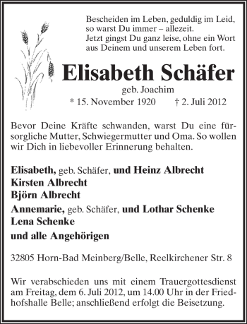 Anzeige  Elisabeth Schäfer  Lippische Landes-Zeitung