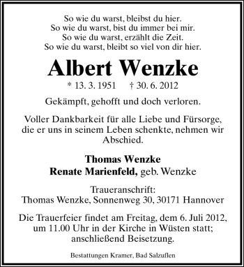 Anzeige  Albert Wenzke  Lippische Landes-Zeitung