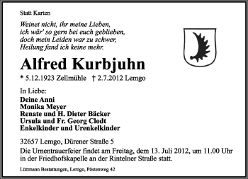 Anzeige  Alfred Kurbjuhn  Lippische Landes-Zeitung