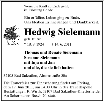 Anzeige  Hedwig Sielemann  Lippische Landes-Zeitung
