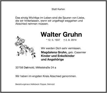 Anzeige  Walter  Gruhn  Lippische Landes-Zeitung