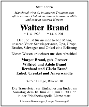 Anzeige  Walter Brand  Lippische Landes-Zeitung