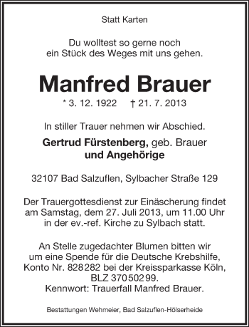 Anzeige  Manfred Brauer  Lippische Landes-Zeitung