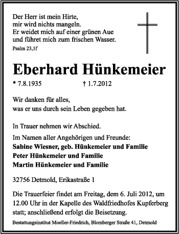 Anzeige  Eberhard Hünkemeier  Lippische Landes-Zeitung