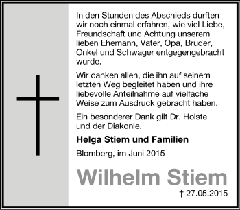 Anzeige  Wilhelm Stiem  Lippische Landes-Zeitung