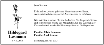 Anzeige  Hildegard Lesmann  Lippische Landes-Zeitung