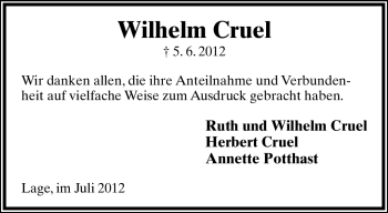Anzeige  Wilhelm Cruel  Lippische Landes-Zeitung