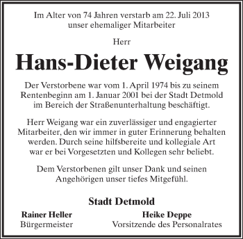 Anzeige  Hans-Dieter Weigang  Lippische Landes-Zeitung