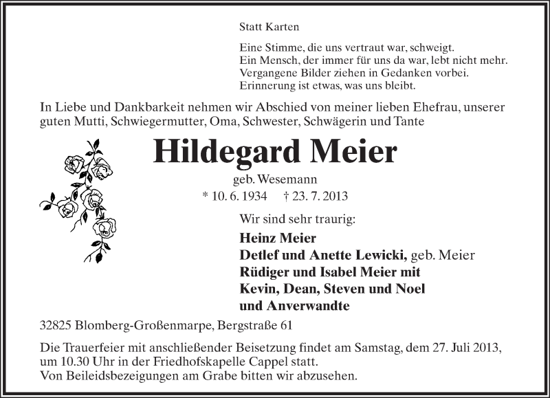  Traueranzeige für Hildegard Meier vom 25.07.2013 aus Lippische Landes-Zeitung