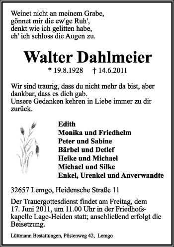 Anzeige  Walter Dahlmeier  Lippische Landes-Zeitung