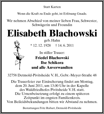 Anzeige  Elisabeth Blachowski  Lippische Landes-Zeitung