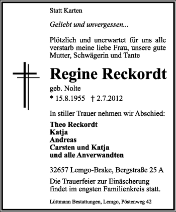 Anzeige  Regine Reckordth  Lippische Landes-Zeitung
