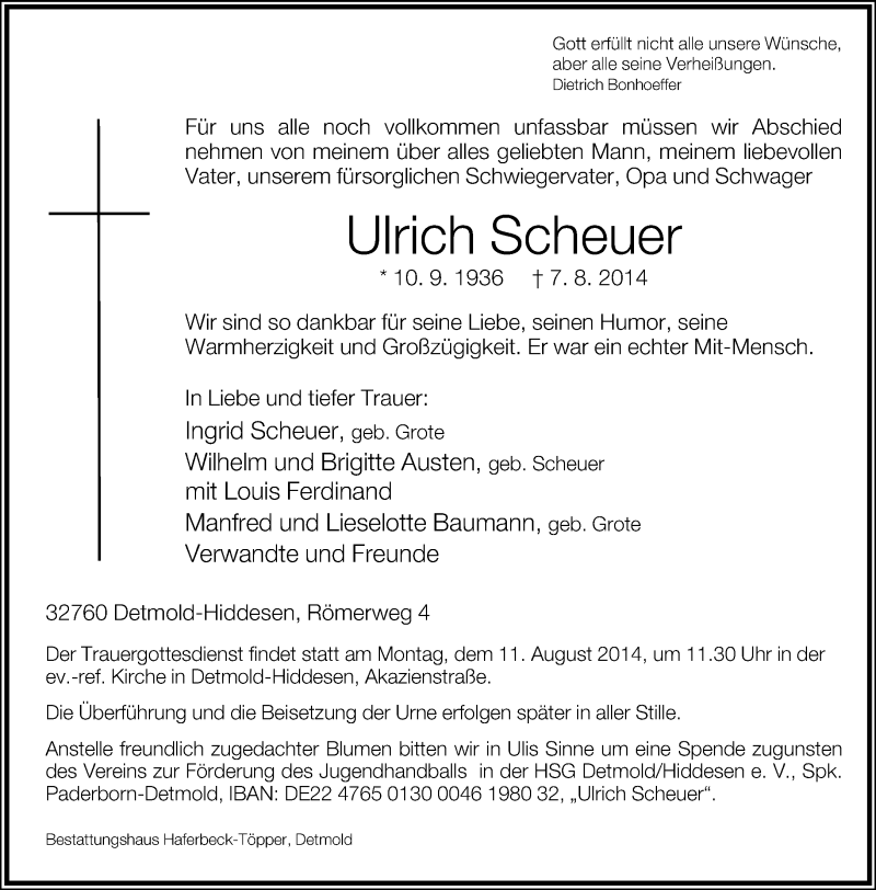  Traueranzeige für Ulrich Scheuer vom 08.08.2014 aus Lippische Landes-Zeitung
