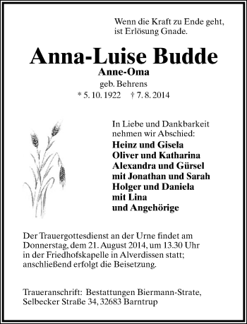 Anzeige  Anna-Luise Budde  Lippische Landes-Zeitung