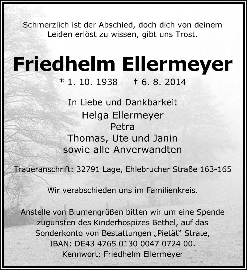  Traueranzeige für Friedhelm  Ellermeyer vom 09.08.2014 aus Lippische Landes-Zeitung