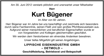 Anzeige  Kurt Bügener  Lippische Landes-Zeitung