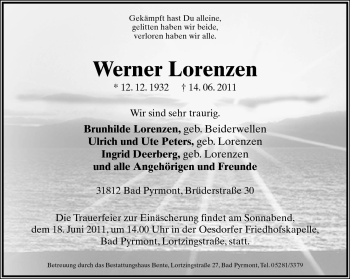 Anzeige  Werner Lorenzen  Lippische Landes-Zeitung