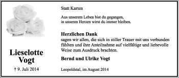 Anzeige  Lieselotte Vogt  Lippische Landes-Zeitung