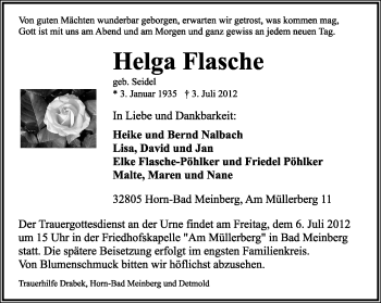 Anzeige  Helga Flasche  Lippische Landes-Zeitung