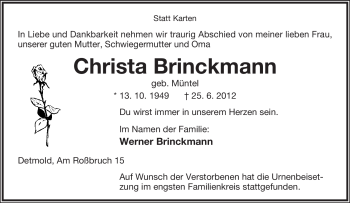 Anzeige  Christa Brinckmann  Lippische Landes-Zeitung