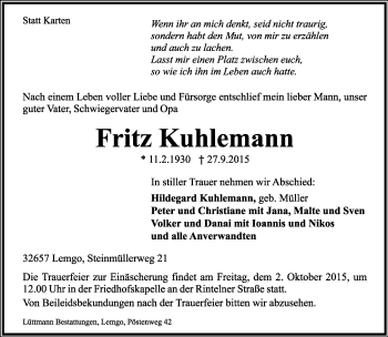 Anzeige  Fritz Kuhlemann  Lippische Landes-Zeitung