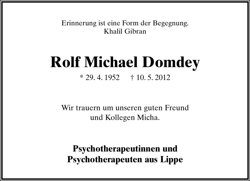  Traueranzeige für Rolf Michael Domdey vom 07.07.2012 aus Lippische Landes-Zeitung