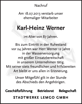 Anzeige  Karl-Heinz Werner  Lippische Landes-Zeitung