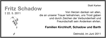 Anzeige  Fritz Schadow  Lippische Landes-Zeitung