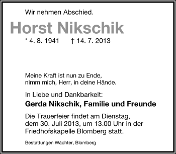 Anzeige  Horst Nikschik  Lippische Landes-Zeitung