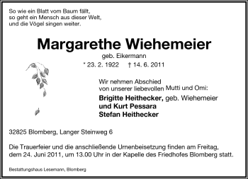 Anzeige  Margarethe Wiehemeier  Lippische Landes-Zeitung