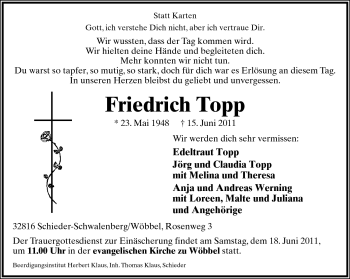 Anzeige  Friedrich Topp  Lippische Landes-Zeitung