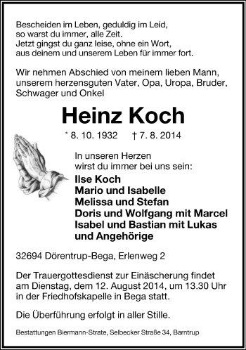 Anzeige  Heinz Koch Neuenfeld  Lippische Landes-Zeitung
