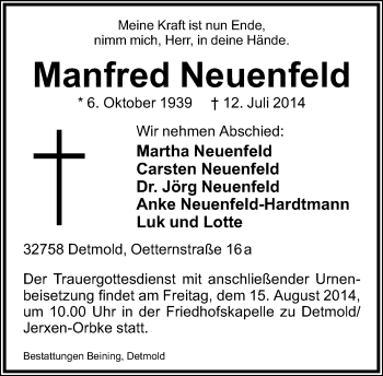 Anzeige  Manfred  Neuenfeld  Lippische Landes-Zeitung