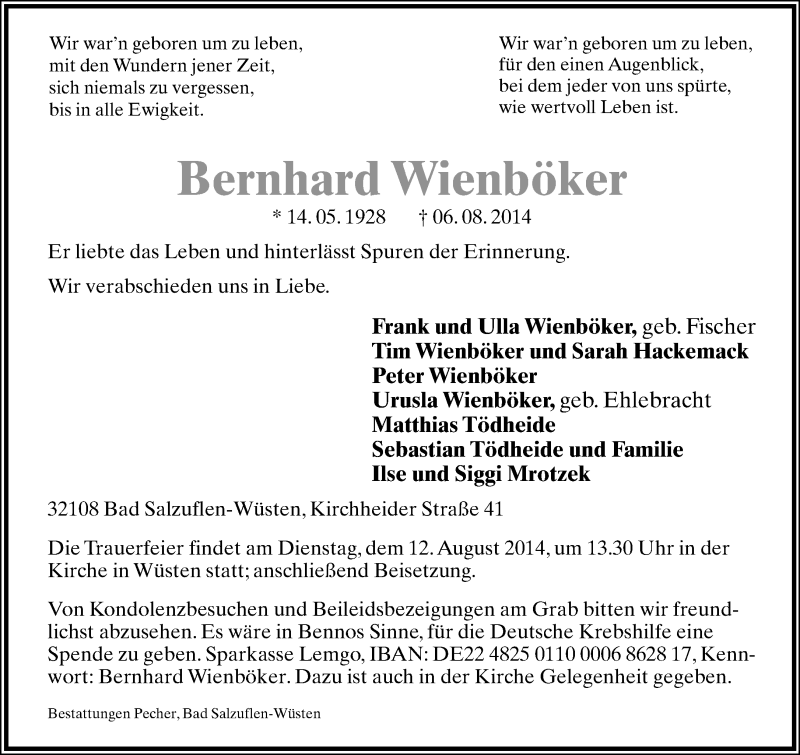  Traueranzeige für Bernhard  Wienböker vom 09.08.2014 aus Lippische Landes-Zeitung