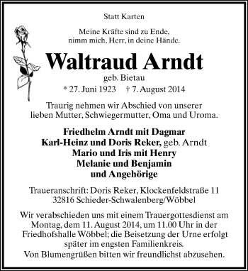 Anzeige  Waltraud  Arndt  Lippische Landes-Zeitung