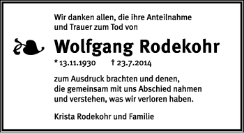 Anzeige  Wolfgang Rodekohr  Lippische Landes-Zeitung