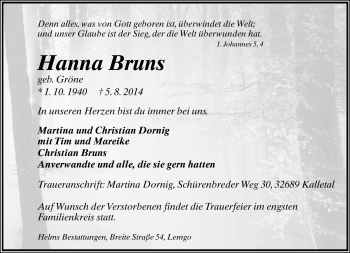 Anzeige  Hanna  Bruns  Lippische Landes-Zeitung