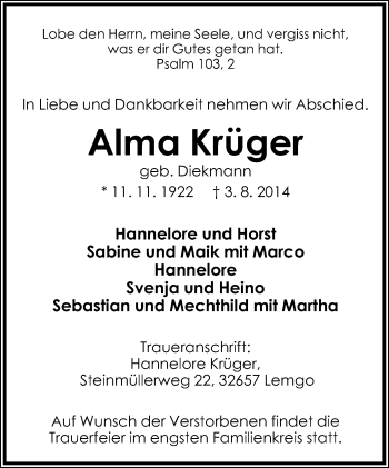 Anzeige  Alma  Krüger  Lippische Landes-Zeitung