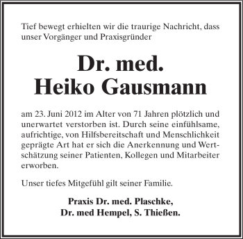 Anzeige  Heiko Gausmann  Lippische Landes-Zeitung